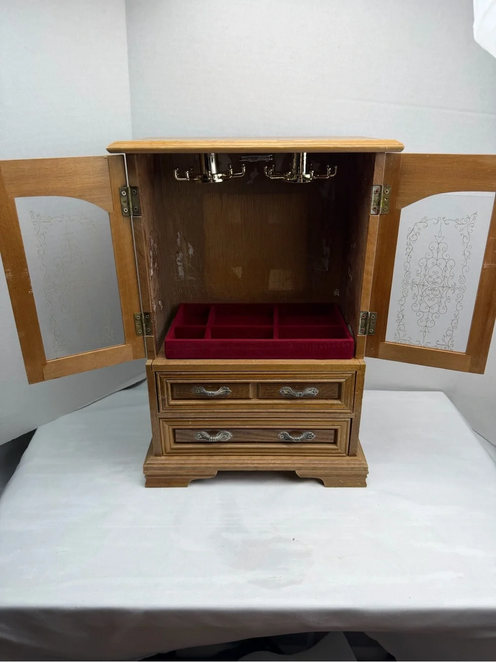 Vintage Wood 2 Door Jewelry Box Armoire Style Cabinet  Organizer &  Drawer